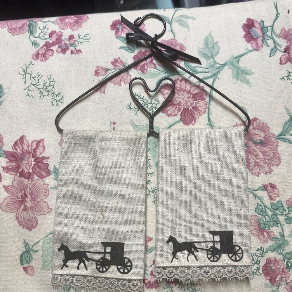 Miniature Hand Towels On Black Metal Hanger Heart Shaped Beige, Amish Buggy